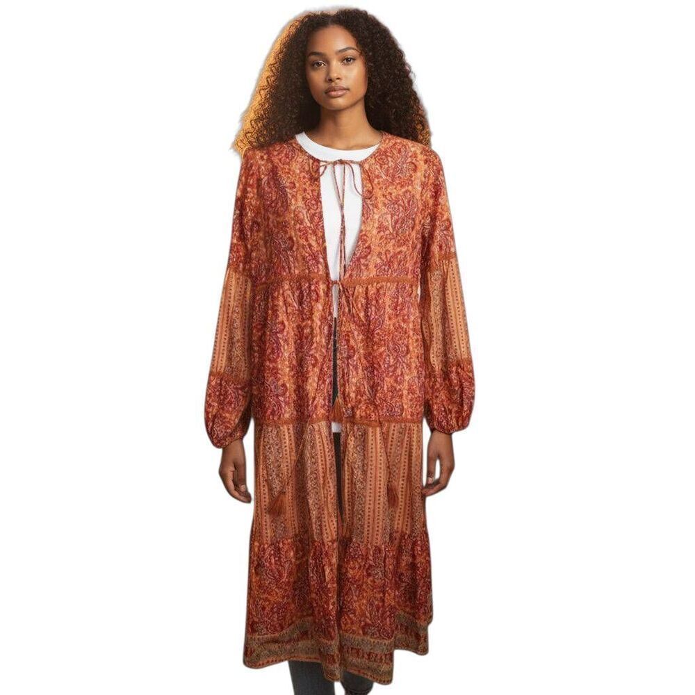 CHELSEA & VIOLET PAISLY ORANGE DUSTER SZ.S EUC.  TASSEL TIES.